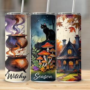 Witchy Season Tumbler Wrap, 20oz Sublimation Design, Halloween Digital Download, Autumn Vibes, Black Cat, Cauldron, Cottage Core, PNG
