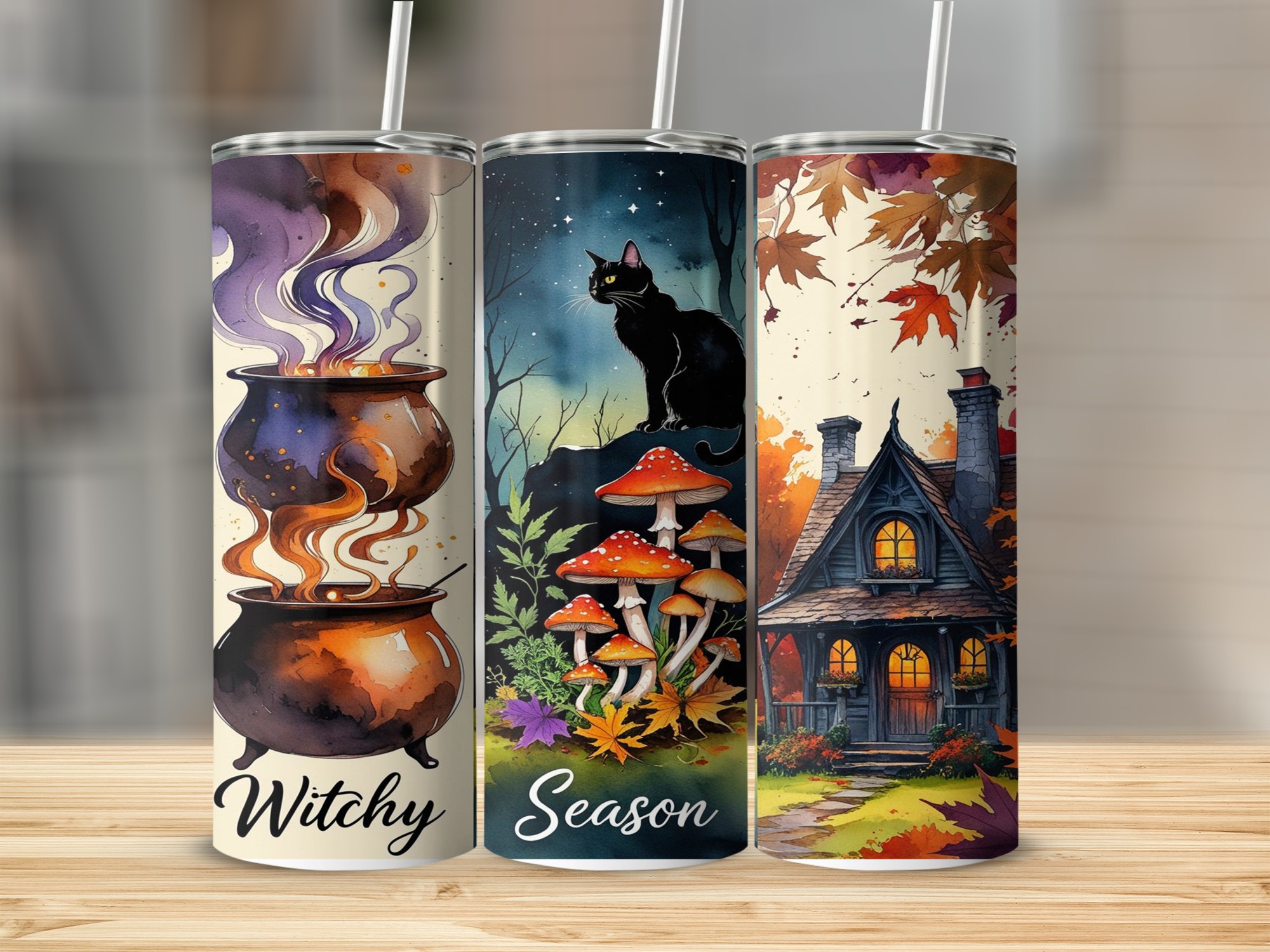 Witchy Season Tumbler Wrap, 20oz Sublimation Design, Halloween Digital Download, Autumn Vibes, Black Cat, Cauldron, Cottage Core, PNG