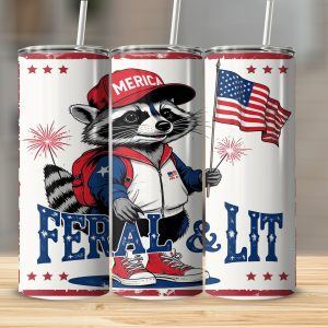 Feral and Lit Raccoon 4th July Digital, Sublimation 20oz Tumbler Wrap Digital Download, Patriotic Tumbler Design, USA Flag Tumbler Png
