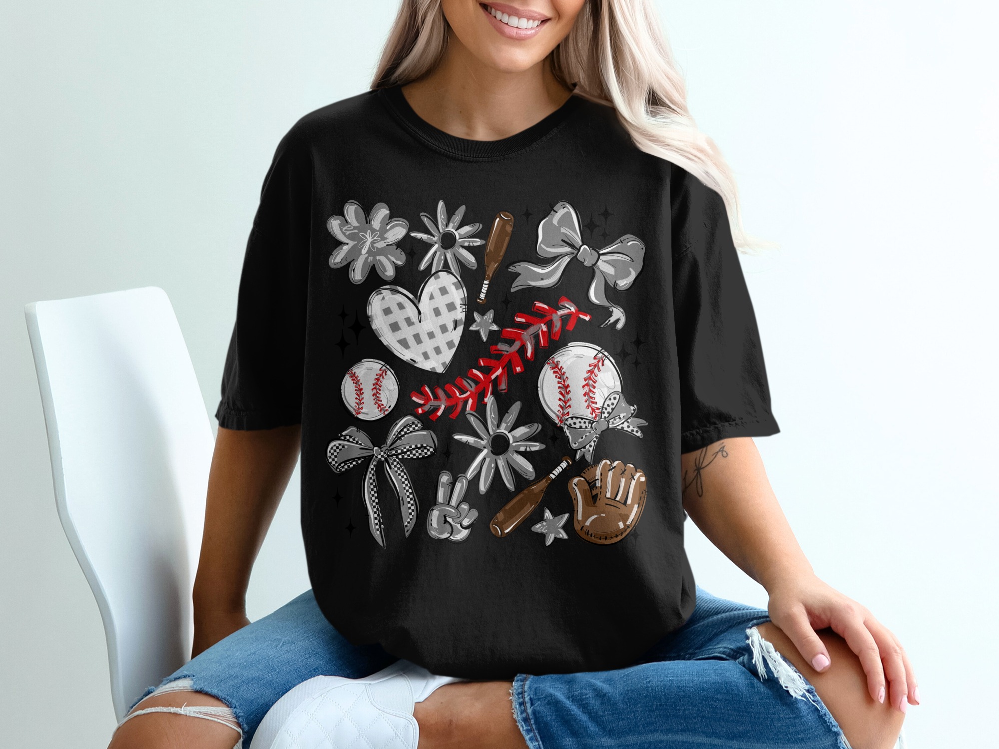 Baseball Doodle Comfort Colors 1717 T-Shirt, Cute Baseball Tee, Baseball Bows and Flowers Shirt, Baseball Bats and Mitts T Shirt - Image 3
