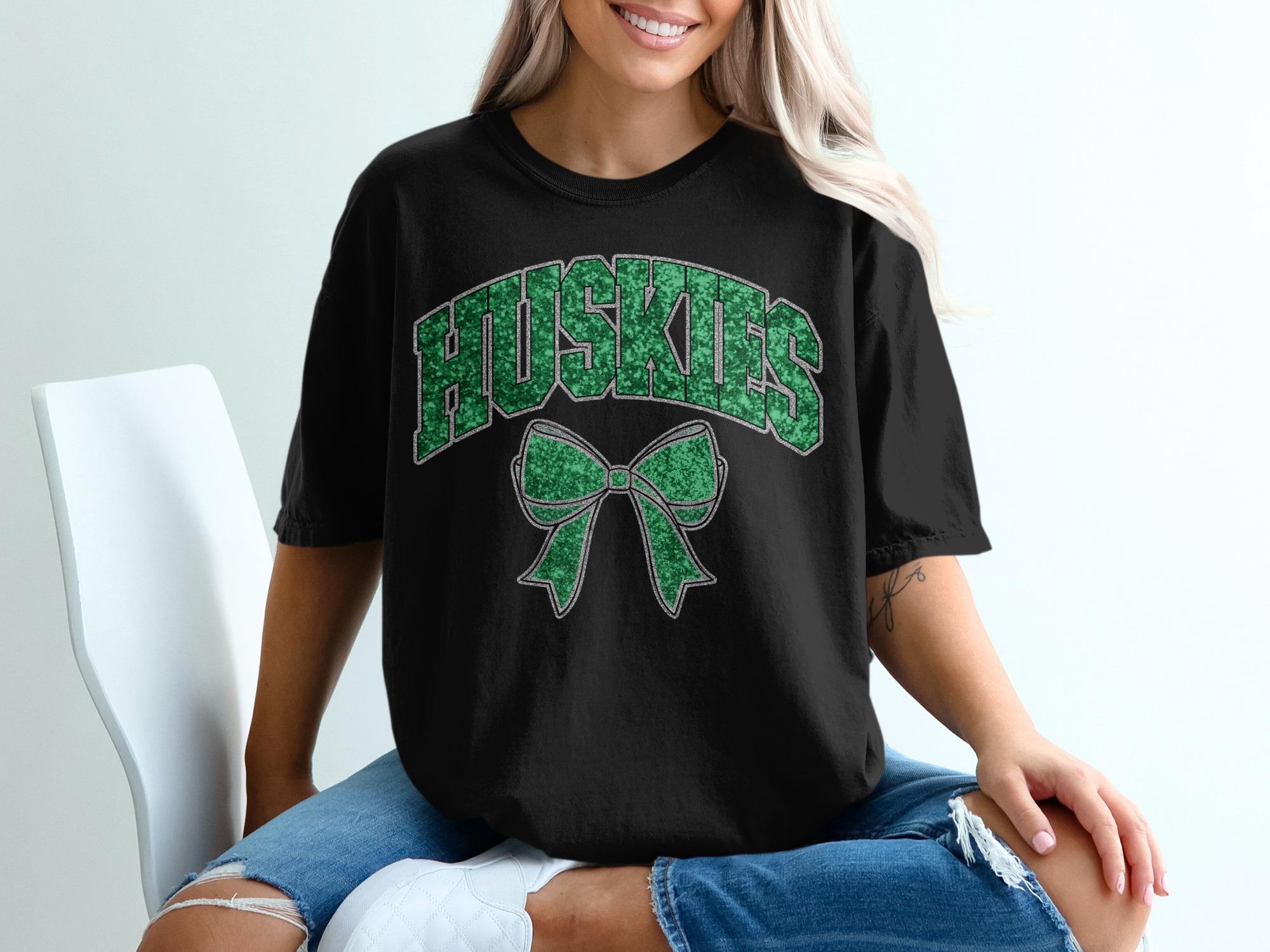 Huskies T-Shirt, Green Glitter Bow, College Team Spirit Tee, Game Day Shirt, University Apparel, Gift for College Student, Huskies Fan Shirt - Image 2