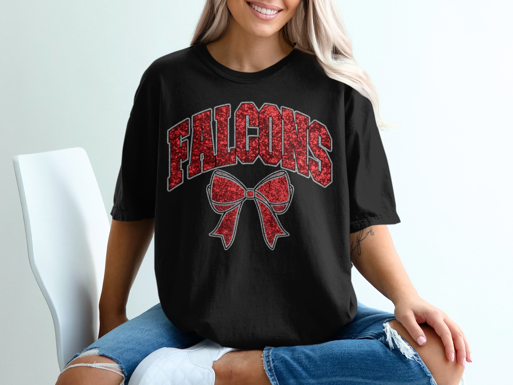 Falcons T-Shirt, Game Day Tee, Bow Design Shirt, Team Spirit Apparel, Sporty Gift, Red Glitter, Stylish Outfit, Trendy Fashion, Women T - Image 2