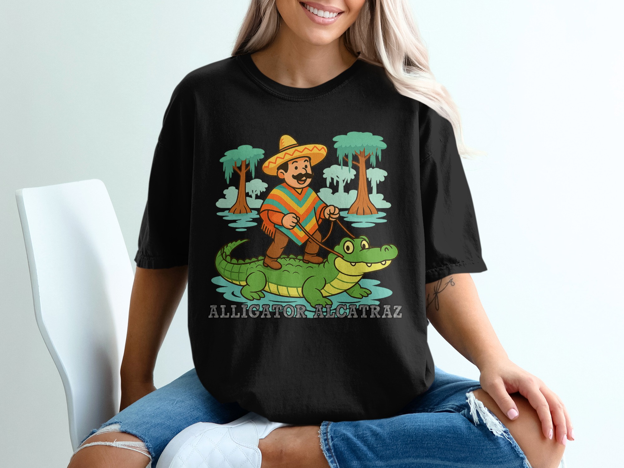 Alligator Alcatraz T-Shirt, Funny Mexican Design, Crocodile Ride, Cool Cartoon, Unique Gift, Stylish Apparel - Image 2