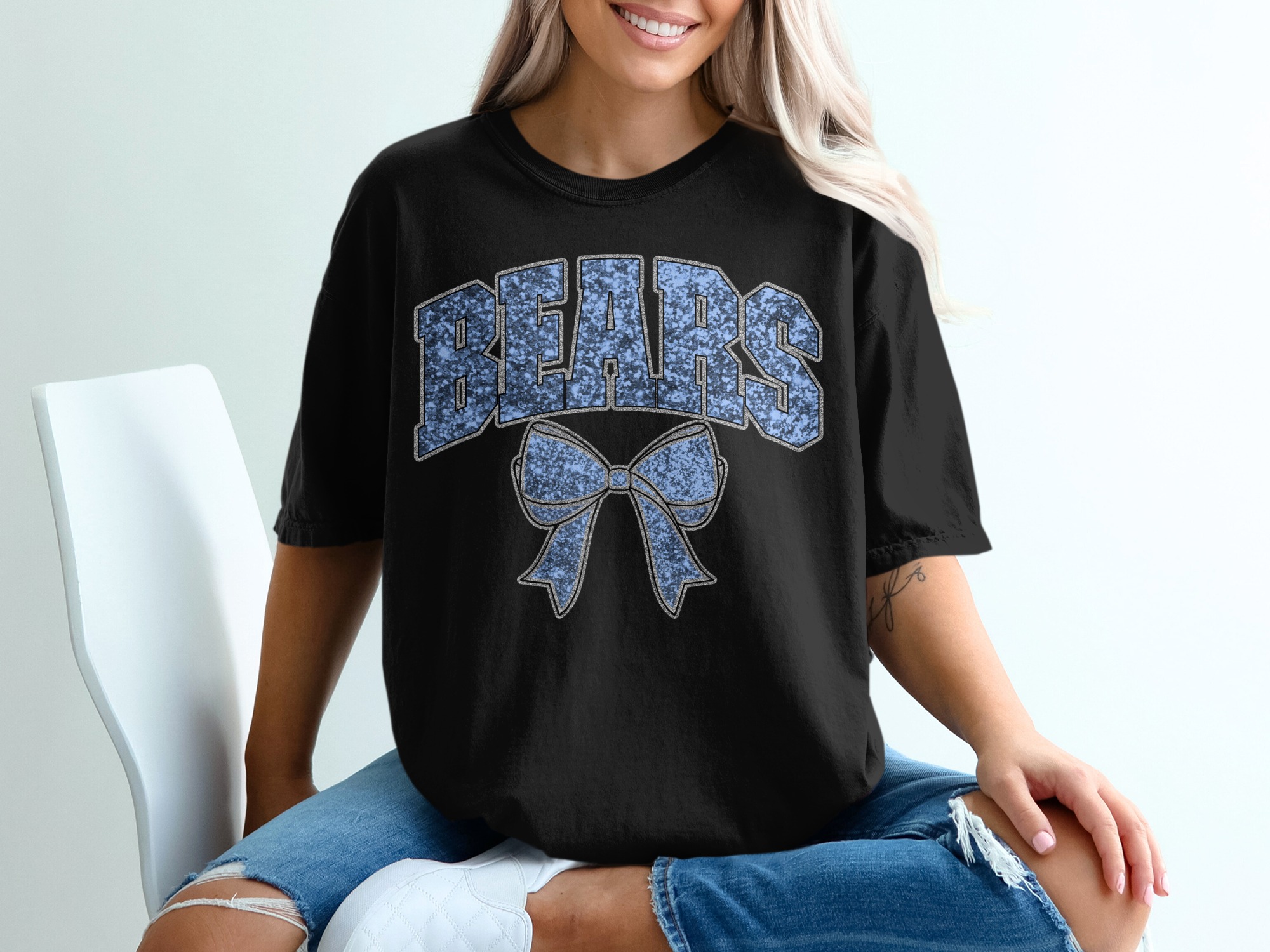 Bears Bow T-Shirt, Cute Cheerleader Tee, Team Spirit, Blue Sparkle Design, Game Day Apparel, School Pride, Trendy Gift Idea - Image 2