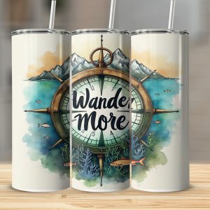 Wander More Compass 20oz Sublimation Digital Download, Travel Tumbler Design, Adventure Awaits, PNG File, Digital Design, DIY Project