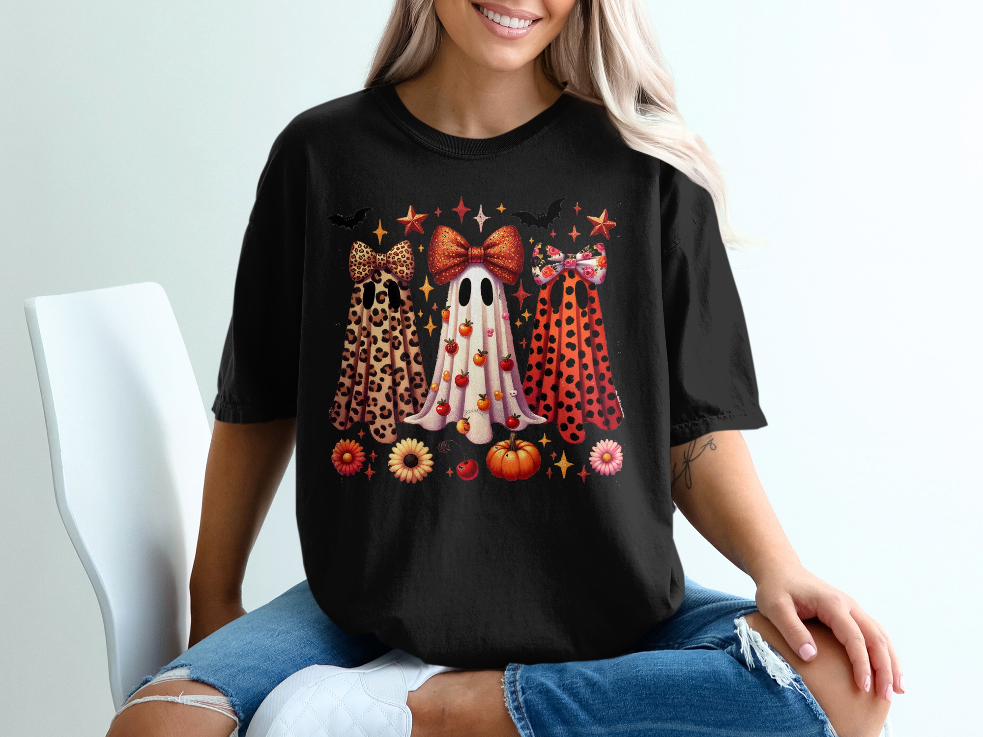 Halloween Ghosts T-Shirt, Spooky Season Apparel, Cute Ghost Design, Leopard Print Ghost, Bow T-Shirt, Trendy Halloween Shirt - Image 2