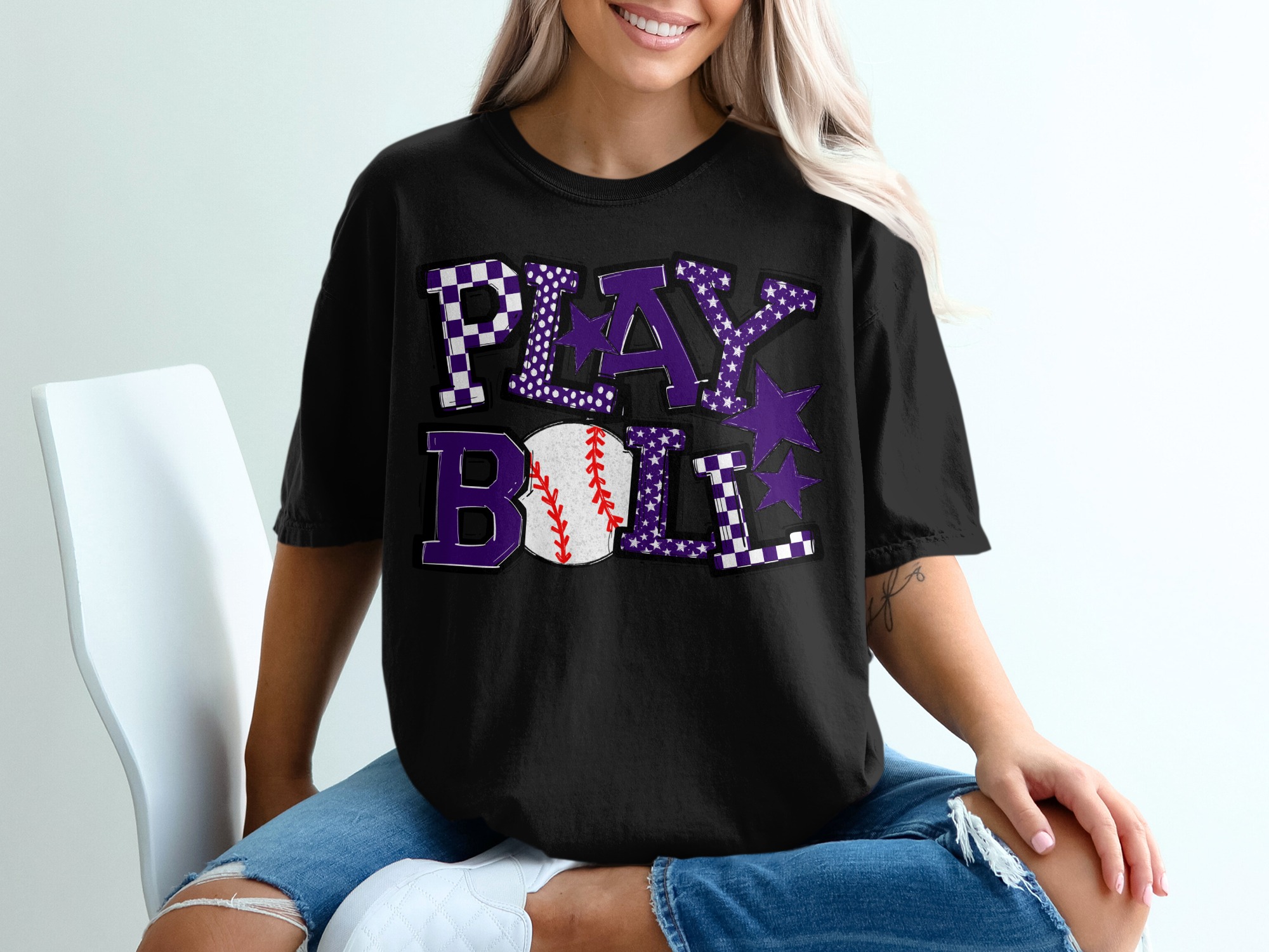 Play Ball T Shirt, Baseball Lover Tee, Game Day Apparel, Sports Fan Gift, Purple Design, Graphic T Shirt, Trendy T Shirt - Image 2