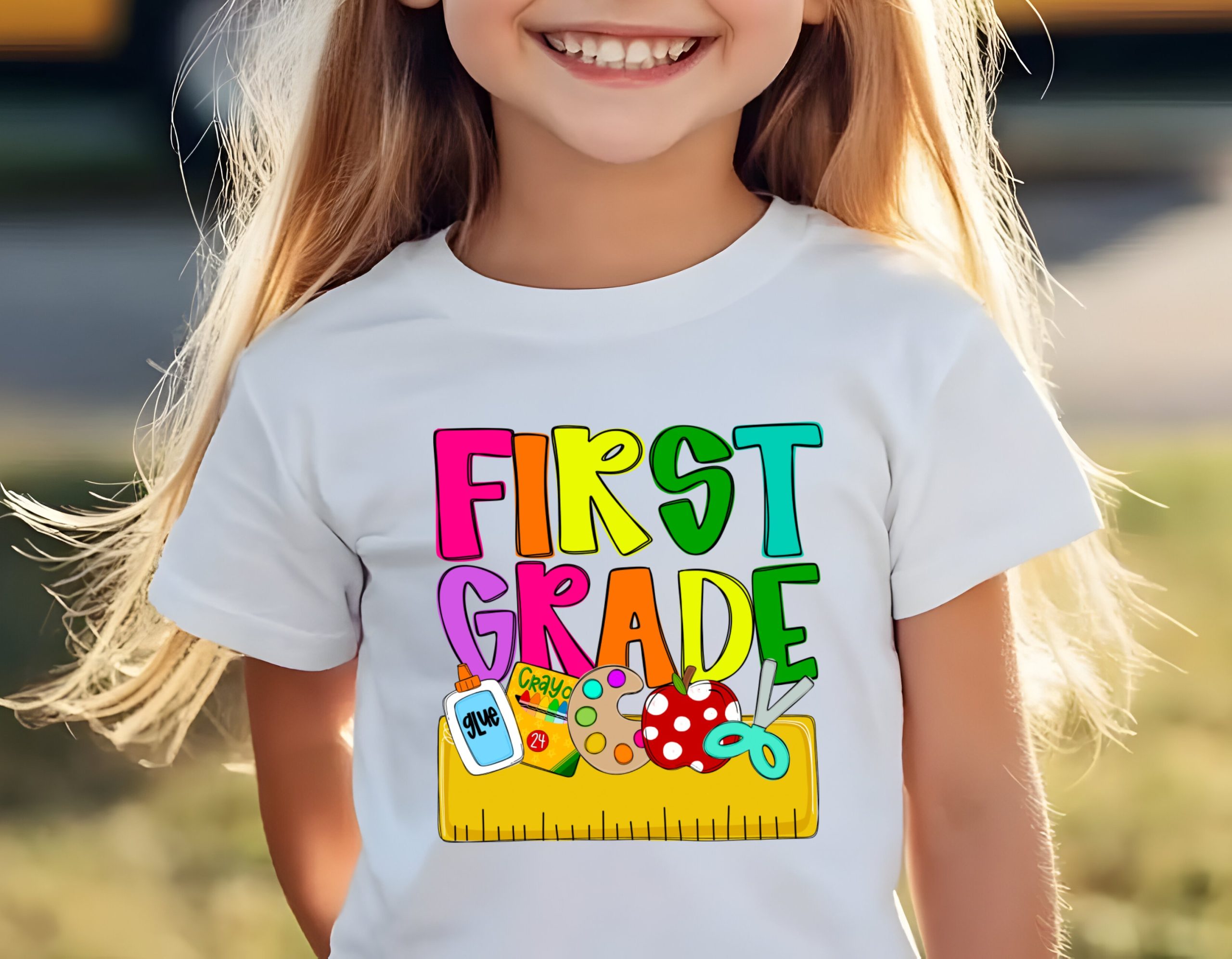 First Grade T-Shirt, Back to School Shirt, Colorful School Supplies Tee, 1st Grade Shirt, Elementary School, Teacher Gift, Kids Clothes