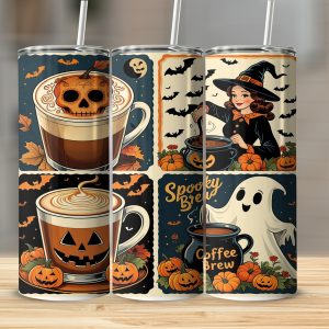 Digital Halloween Tumbler Wrap, Sublimation 20oz, Ghost Witch Pumpkin Coffee, Fall Digital Download, Spooky Season Tumbler Design