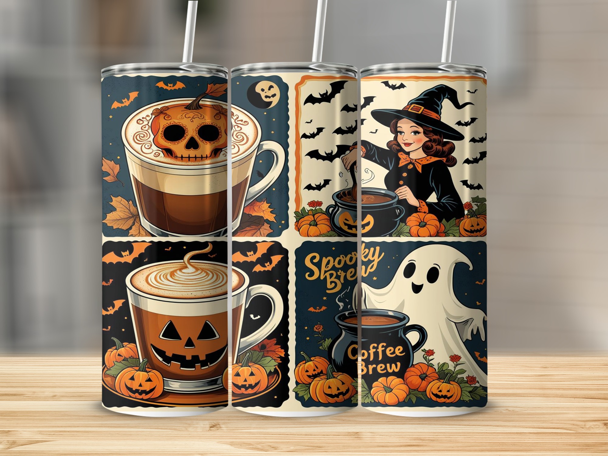 Digital Halloween Tumbler Wrap, Sublimation 20oz, Ghost Witch Pumpkin Coffee, Fall Digital Download, Spooky Season Tumbler Design