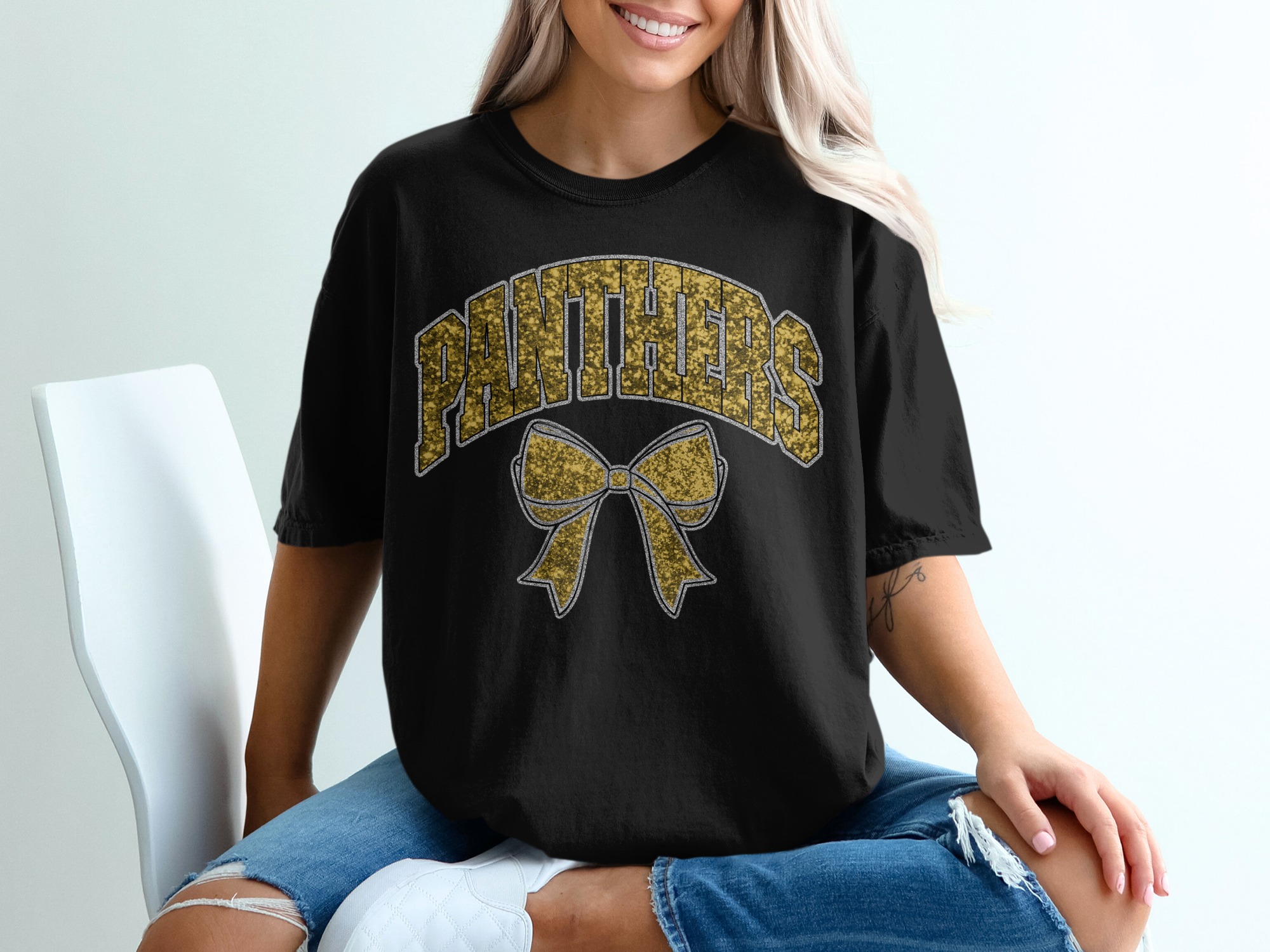 Panthers T Shirt, School Spirit Tee, Gold Glitter Bow Shirt, Team Pride Apparel, Game Day Outfit, Fan Gear, Cute Sports T-Shirt - Image 2
