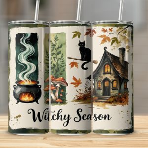 Witchy Season 20oz Tumbler Wrap, Digital Download, Sublimation Design, Cauldron, Black Cat, Witch Cottage, Fall Leaves, Tumbler Design