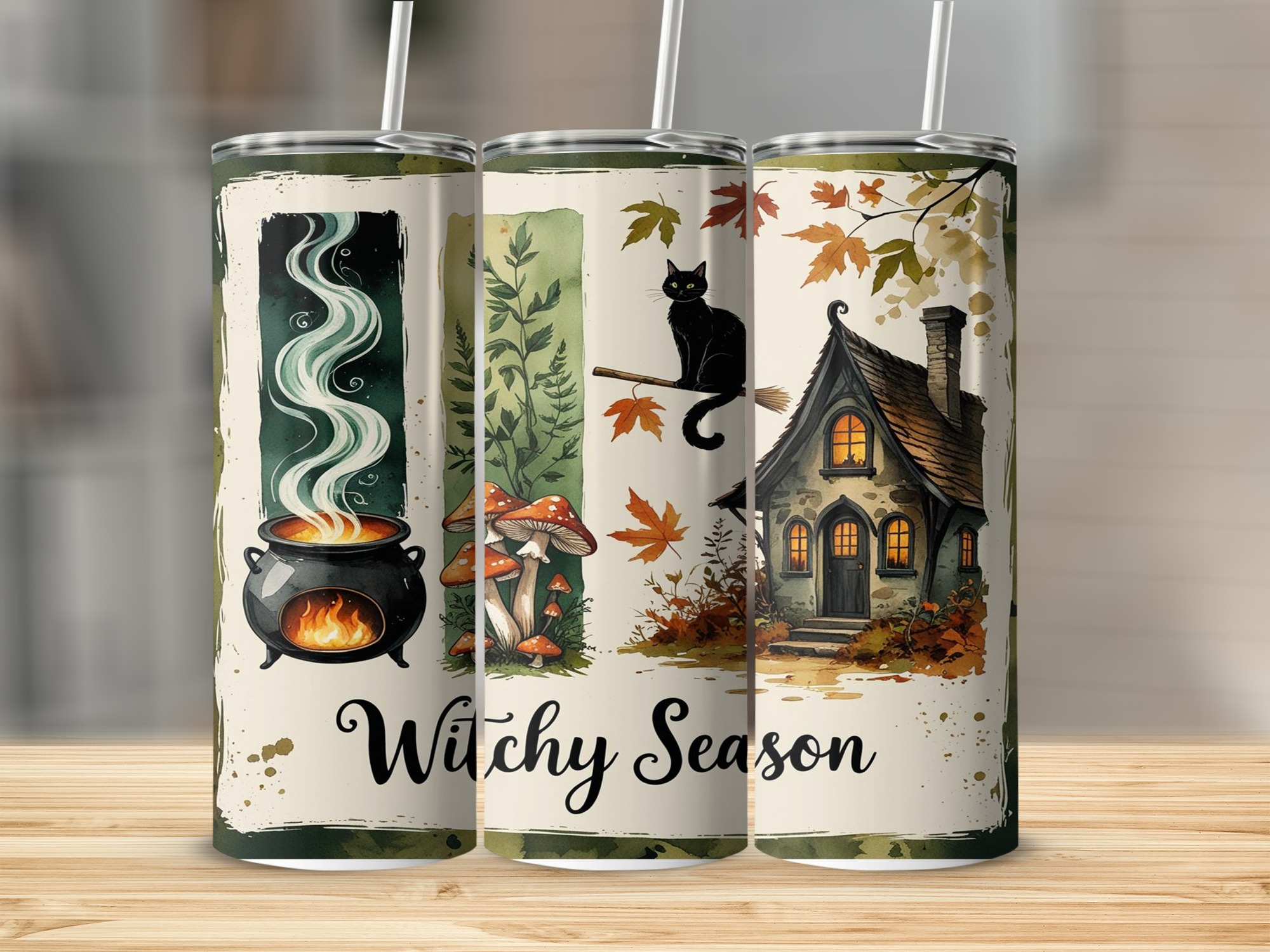 Witchy Season 20oz Tumbler Wrap, Digital Download, Sublimation Design, Cauldron, Black Cat, Witch Cottage, Fall Leaves, Tumbler Design
