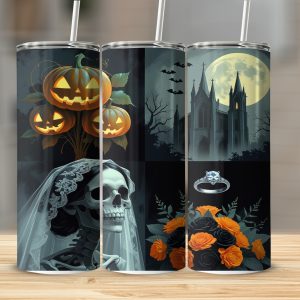 Halloween Bride 20oz Tumbler Wrap, Spooky Digital Download, Pumpkin Church Sublimation Design, Wedding Ring, Skull Printable Art