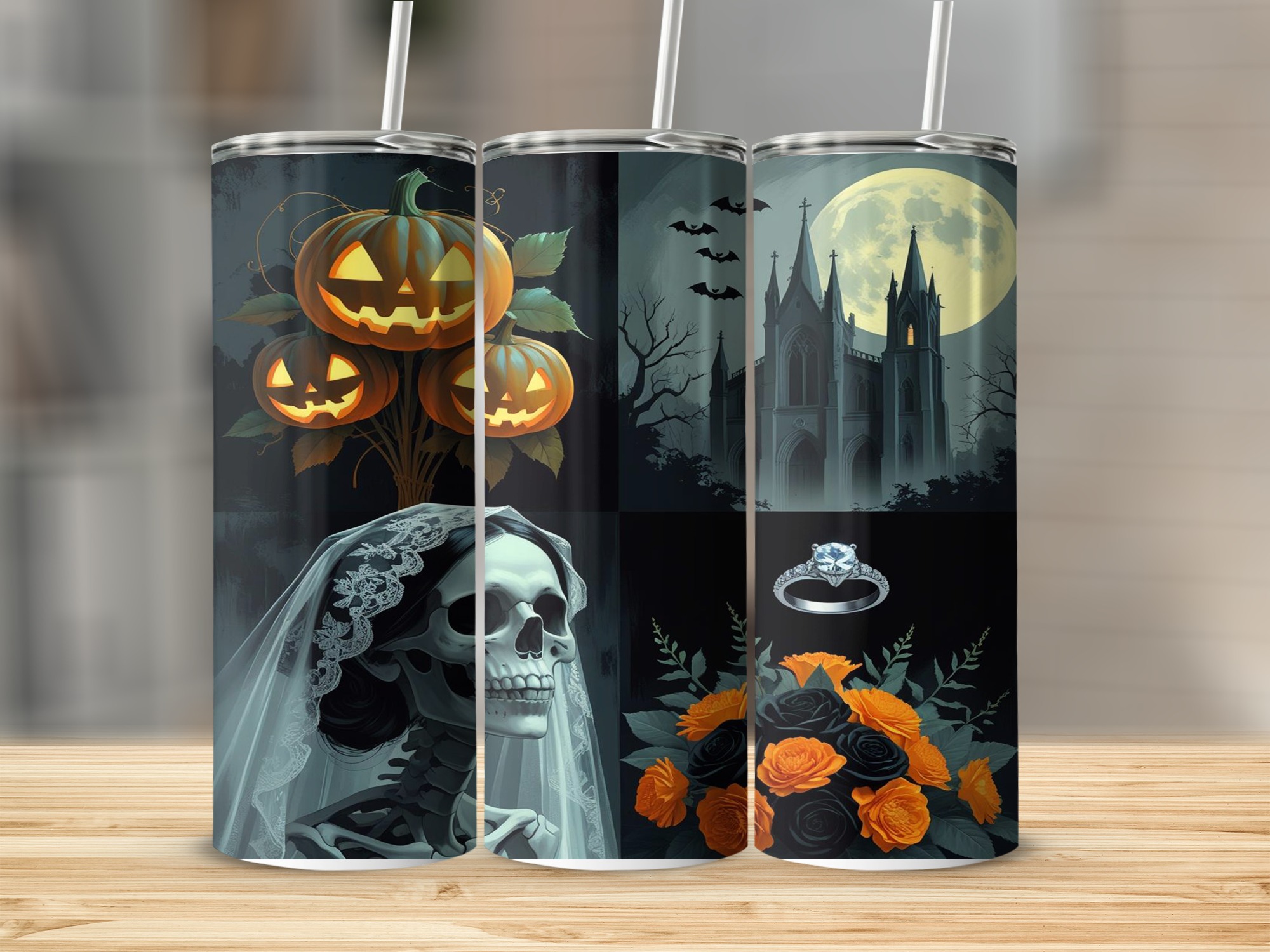 Halloween Bride 20oz Tumbler Wrap, Spooky Digital Download, Pumpkin Church Sublimation Design, Wedding Ring, Skull Printable Art