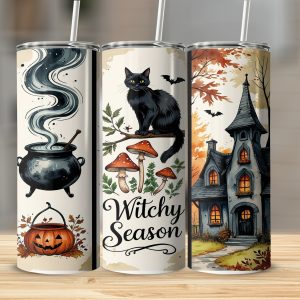 Witchy Season Tumbler Wrap, 20oz Sublimation Design, Halloween Digital Download, Black Cat Cauldron Spooky Season, Fall Tumbler Design