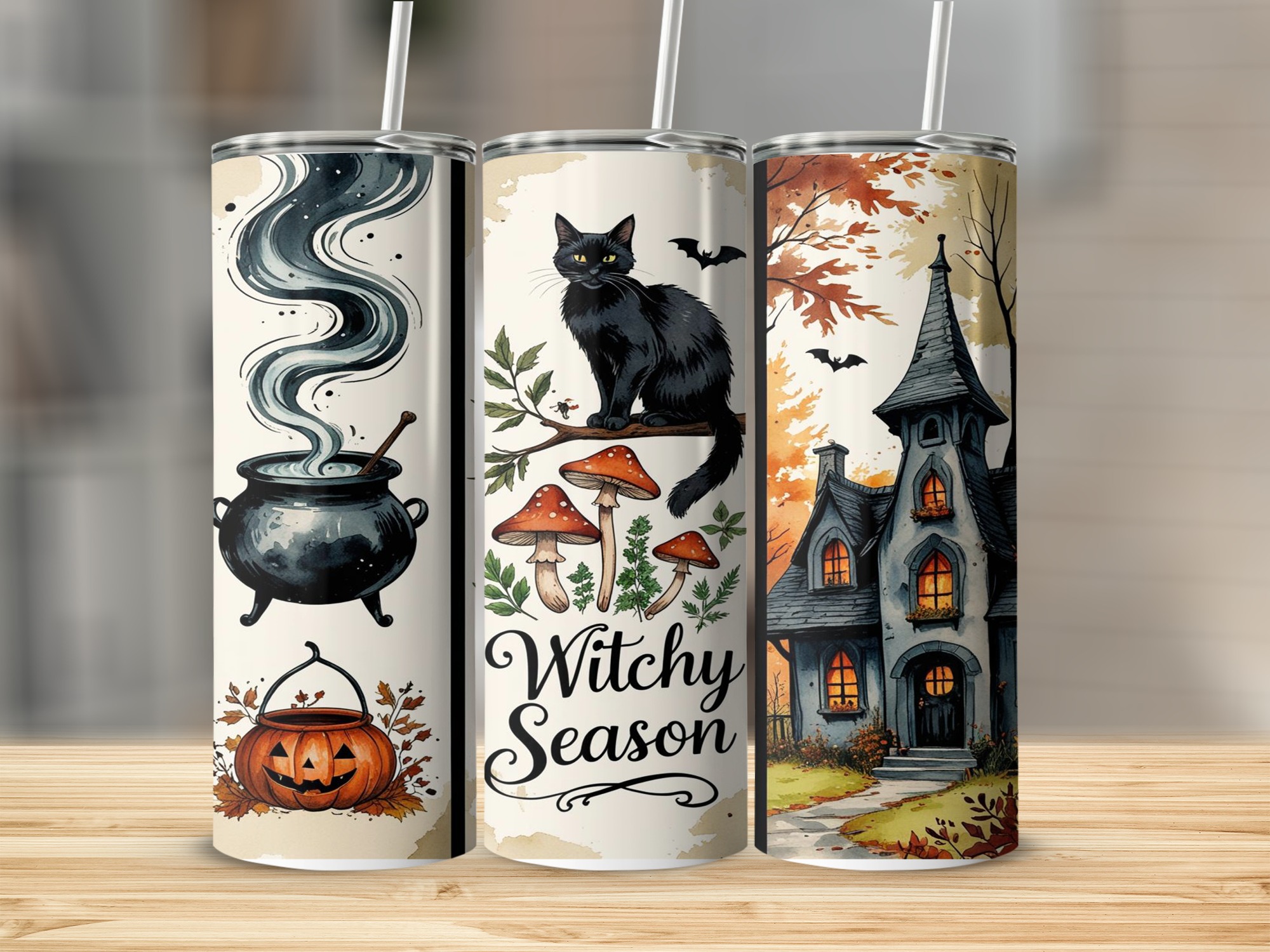 Witchy Season Tumbler Wrap, 20oz Sublimation Design, Halloween Digital Download, Black Cat Cauldron Spooky Season, Fall Tumbler Design