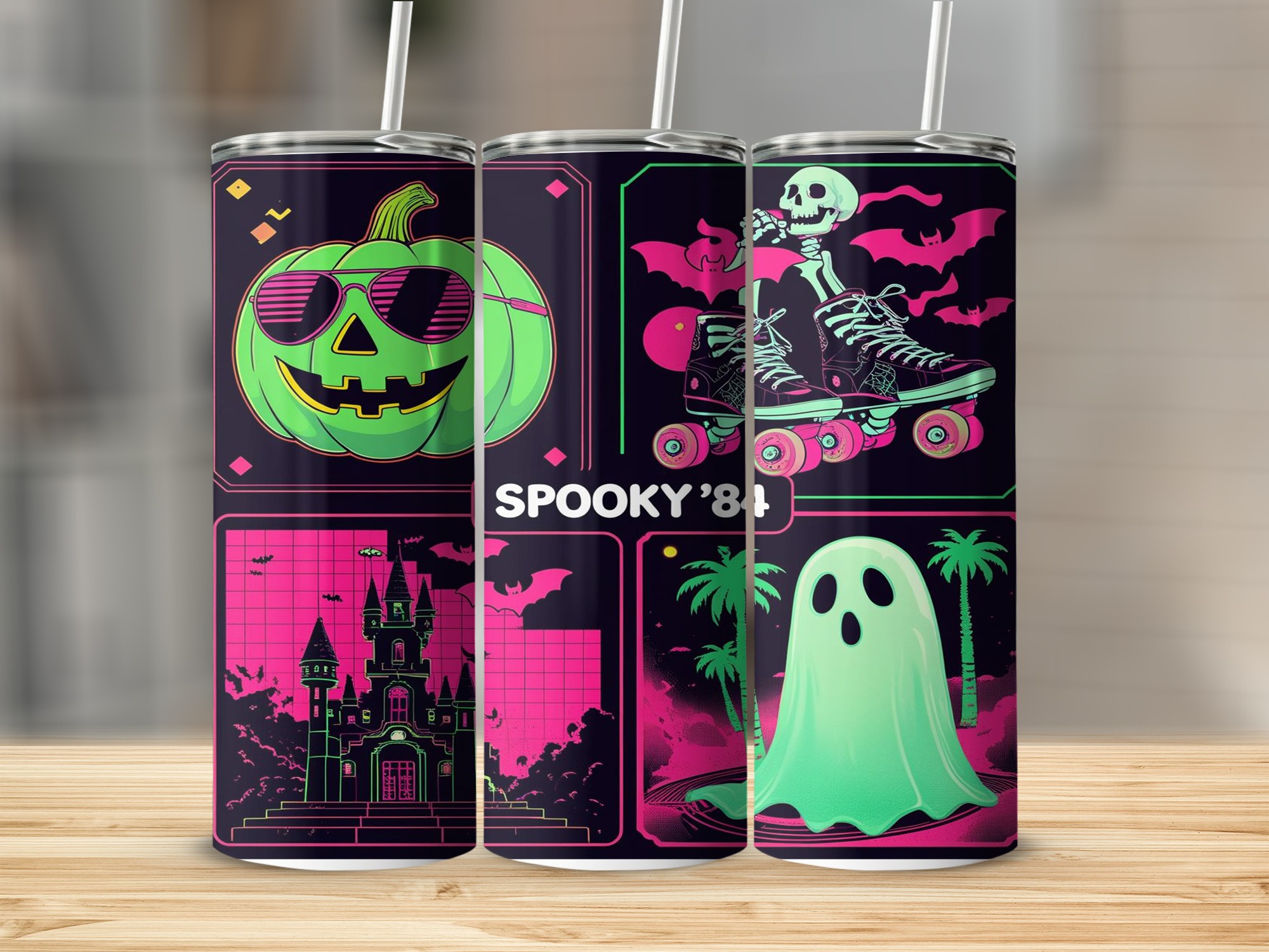 Digital Sublimation 20oz Tumbler Wrap, Spooky 80s Design Digital Download, Retro Halloween Tumbler Design, Pumpkin Bat Ghost Tumbler