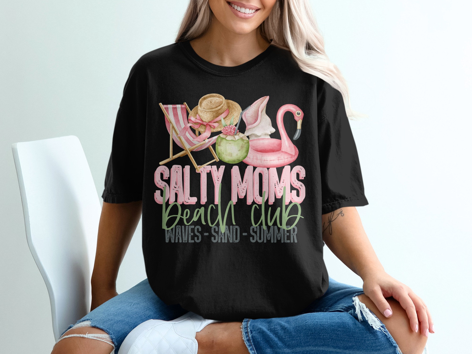 Salty Moms Beach Club T-Shirt, Summer Vibes, Tropical Tee, Beachy Graphic, Mom Life Shirt, Vacation T Shirt, Cute Flamingo T Shirt - Image 2