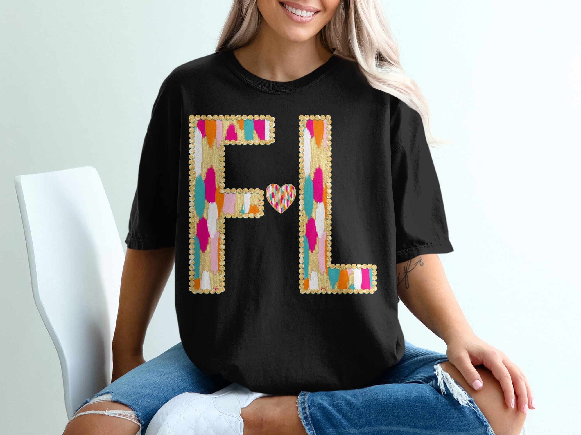 FL Initial T-Shirt, F Heart L Shirt, Comfort Colors 1717, Colorful Gold Outline Tee, Custom Name, Valentine Gift, Personalized Gift - Image 3