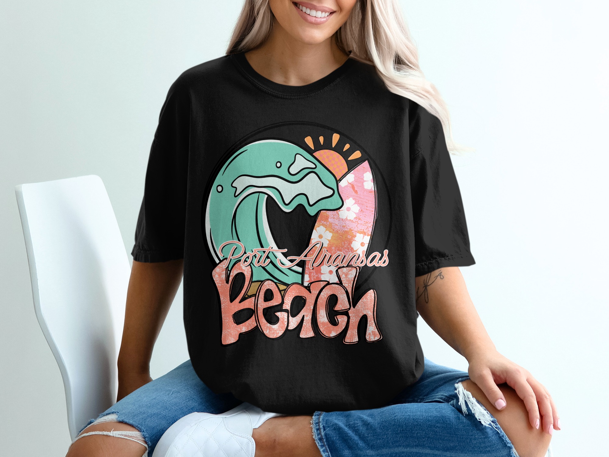 Port Aransas Beach T-Shirt, Texas Vacation, Surf Wave Tee, Souvenir Shirt, Travel Gift, Summer Beach Trip, Floral Surfboard, Gift for Beach - Image 2