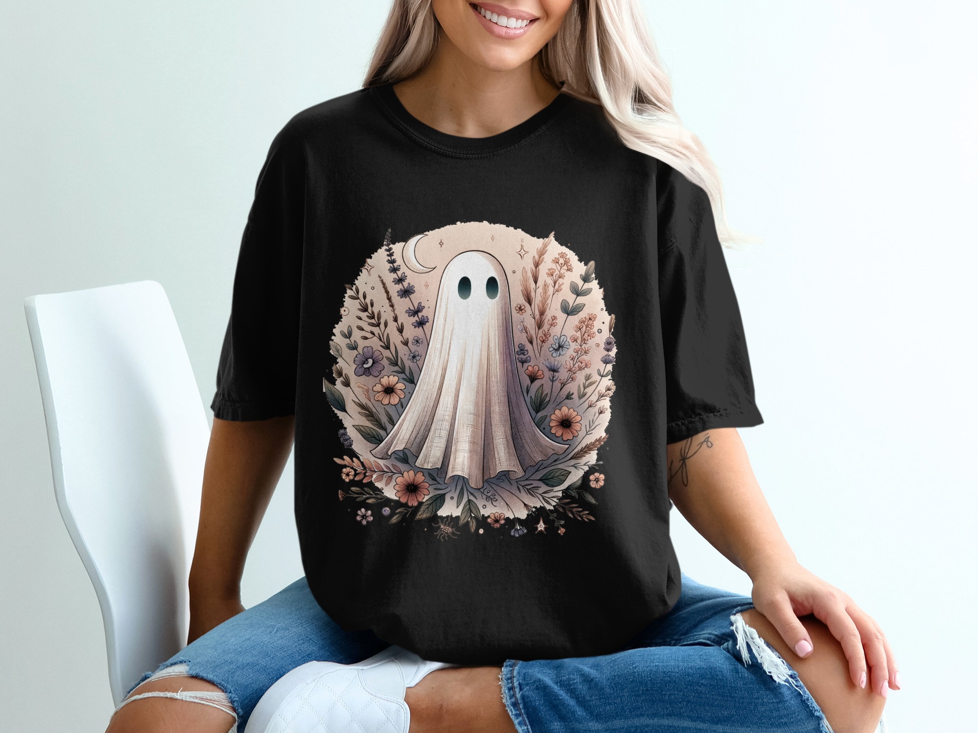 Floral Ghost T-Shirt, Spooky Season Apparel, Cute Ghost Design, Halloween T Shirt, Botanical Ghost Tee, Trendy Fall T Shirt - Image 2