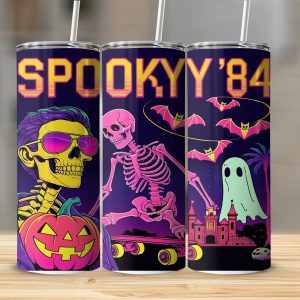 Spooky 84 Tumbler Wrap, 20oz Sublimation Design, Retro Halloween Digital Download, Skeleton Ghost PNG, Tumbler Template Printable