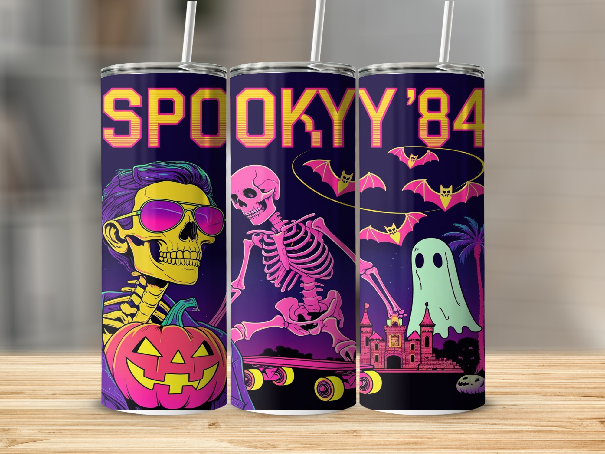 Spooky 84 Tumbler Wrap, 20oz Sublimation Design, Retro Halloween Digital Download, Skeleton Ghost PNG, Tumbler Template Printable