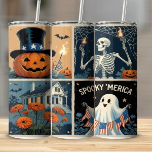 Spooky America Tumbler Wrap, Digital, Sublimation 20oz Tumbler Download, Halloween Patriot Pumpkin, Ghost Tumbler, Patriotic Tumbler Design