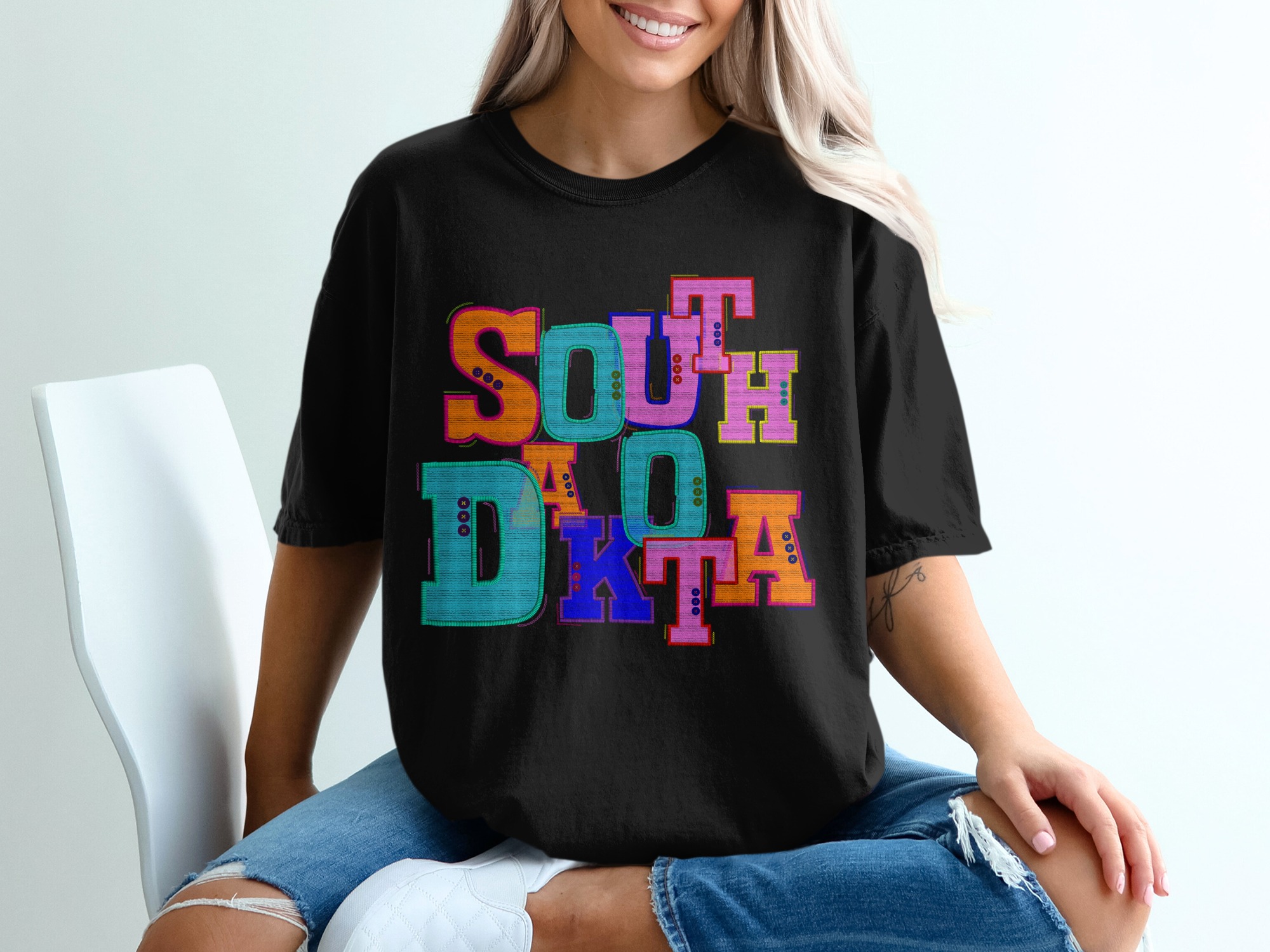 South Dakota T Shirt, Colorful Embroidered Letters Tee, State Pride Shirt, SD Souvenir Gift, Tourist Tee, Vacation Shirt, Road Trip Tee - Image 2