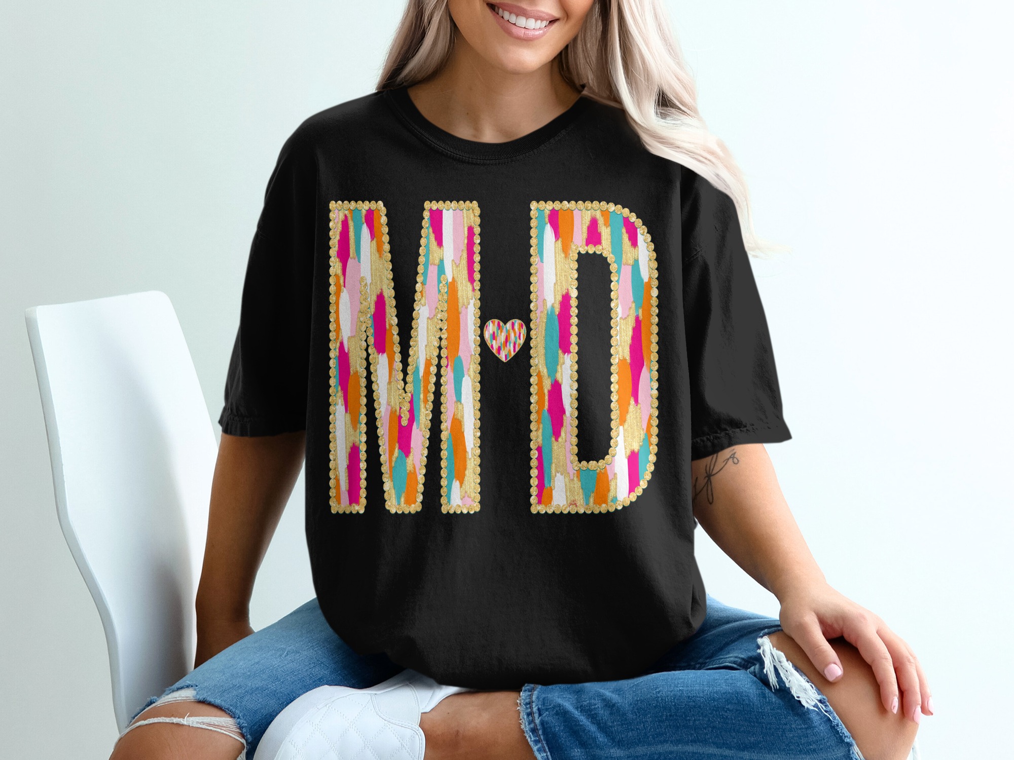 HD Initial T Shirt, Comfort Colors 1717, Gold Letters Tee, Heart Initial Shirt, Colorful Initial T-Shirt, Custom Initial T-Shirt - Image 3