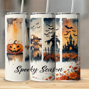 Spooky Season 20oz Tumbler Wrap Digital Download, Halloween Sublimation Design, Pumpkin Scarecrow Castle Digital Design