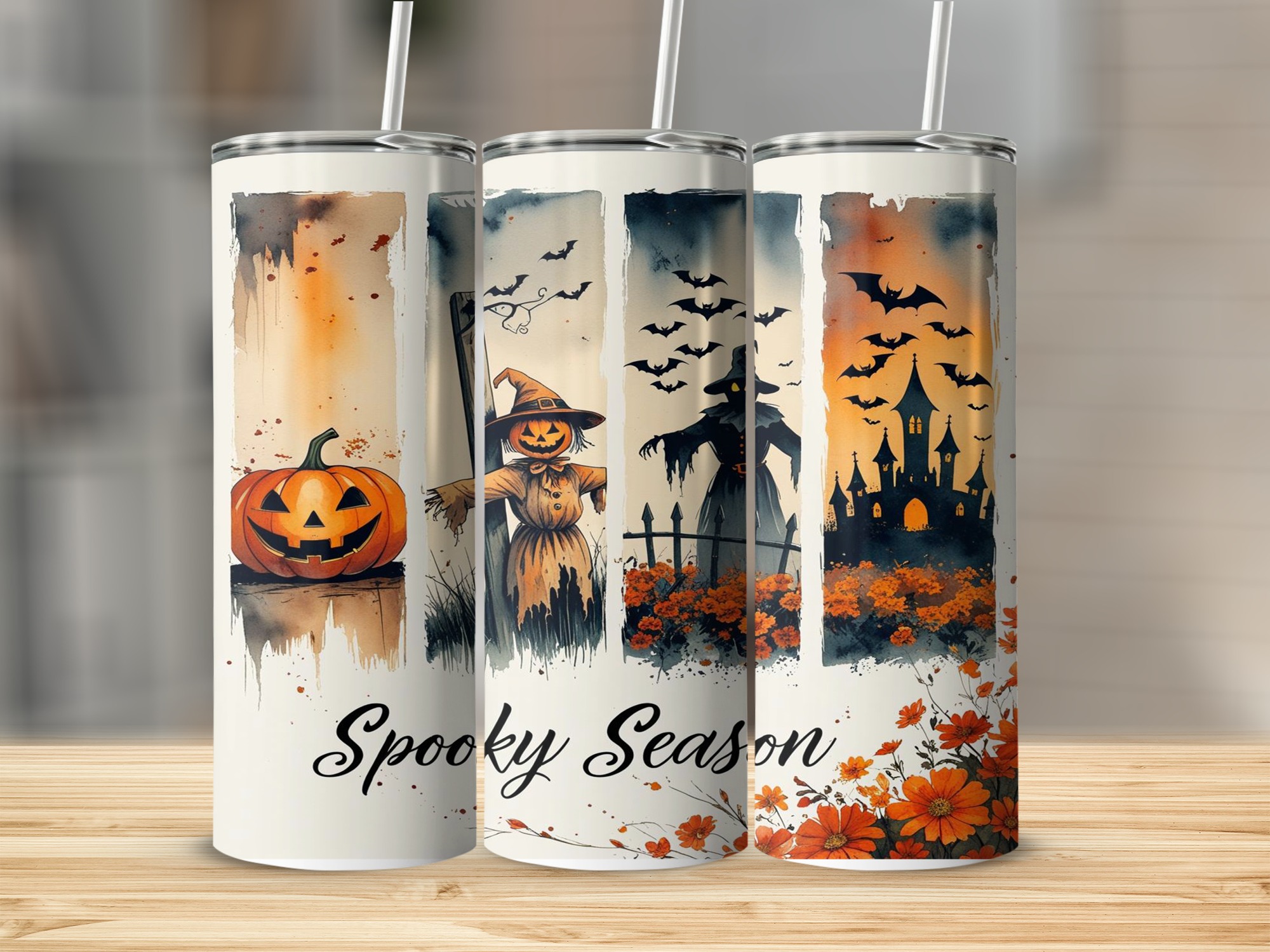 Spooky Season 20oz Tumbler Wrap Digital Download, Halloween Sublimation Design, Pumpkin Scarecrow Castle Digital Design