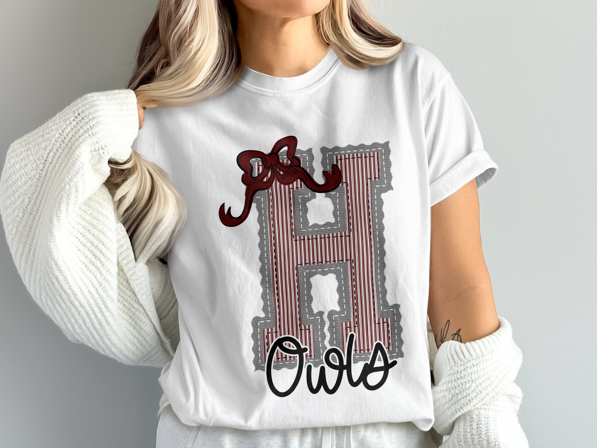 'H' Initial Owls Comfort Colors T-Shirt, Letter with Bow, University Fan Tee, Owls Pride Shirt, College Apparel, Spirit Wear, Gift, prepster preppy