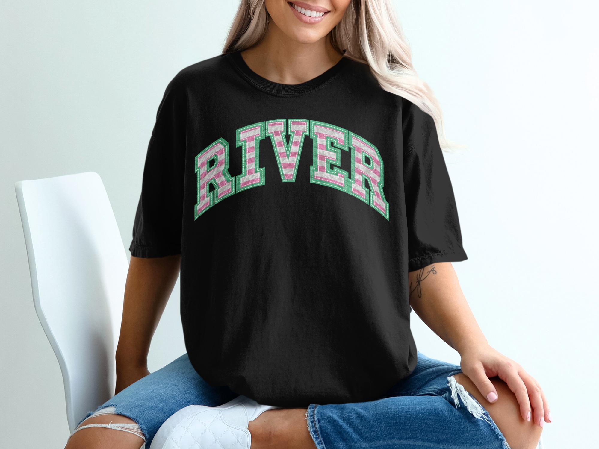 River T-Shirt, Pink White Green Letters, Trendy Shirt, College Inspired Tee, Casual Top, Unique Gift, Fashionable T Shirt, Stylish Apparel - Image 2