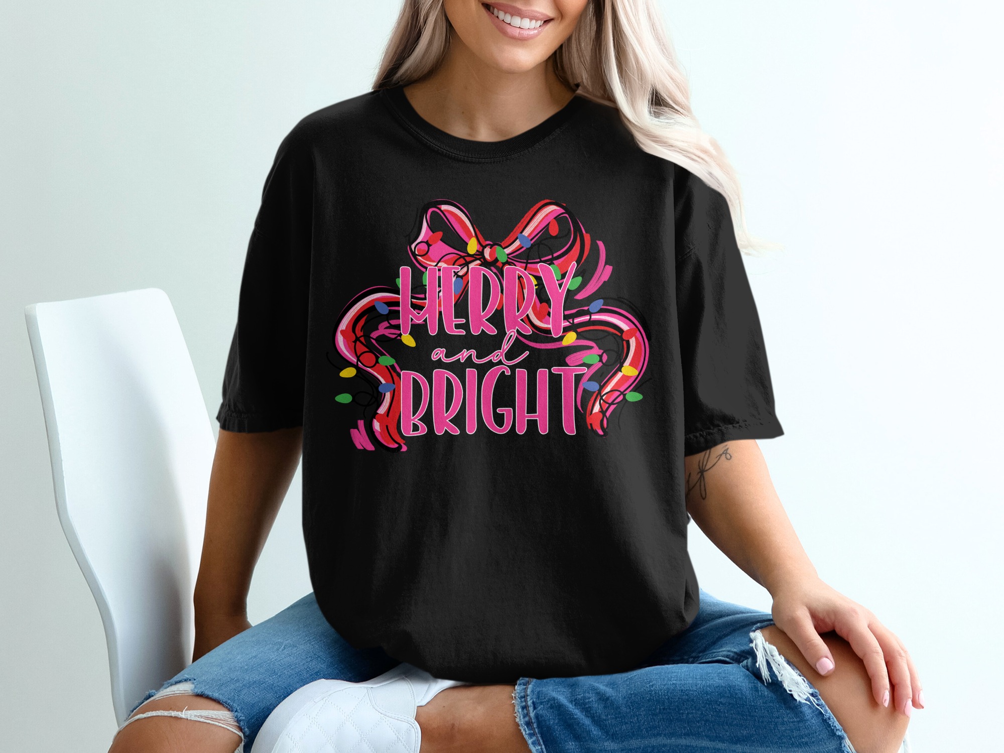 Merry and Bright T Shirt, Holiday Tee, Christmas Lights Shirt, Festive T Shirt, Winter Outfit, Holiday Party Gift, Christmas Gift - Image 2