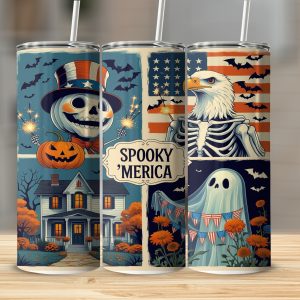 Spooky Merica Digital Download, Sublimation 20oz Tumbler Wrap, Patriotic Halloween Design, American Flag, Eagle Skeleton, Ghost Tumbler