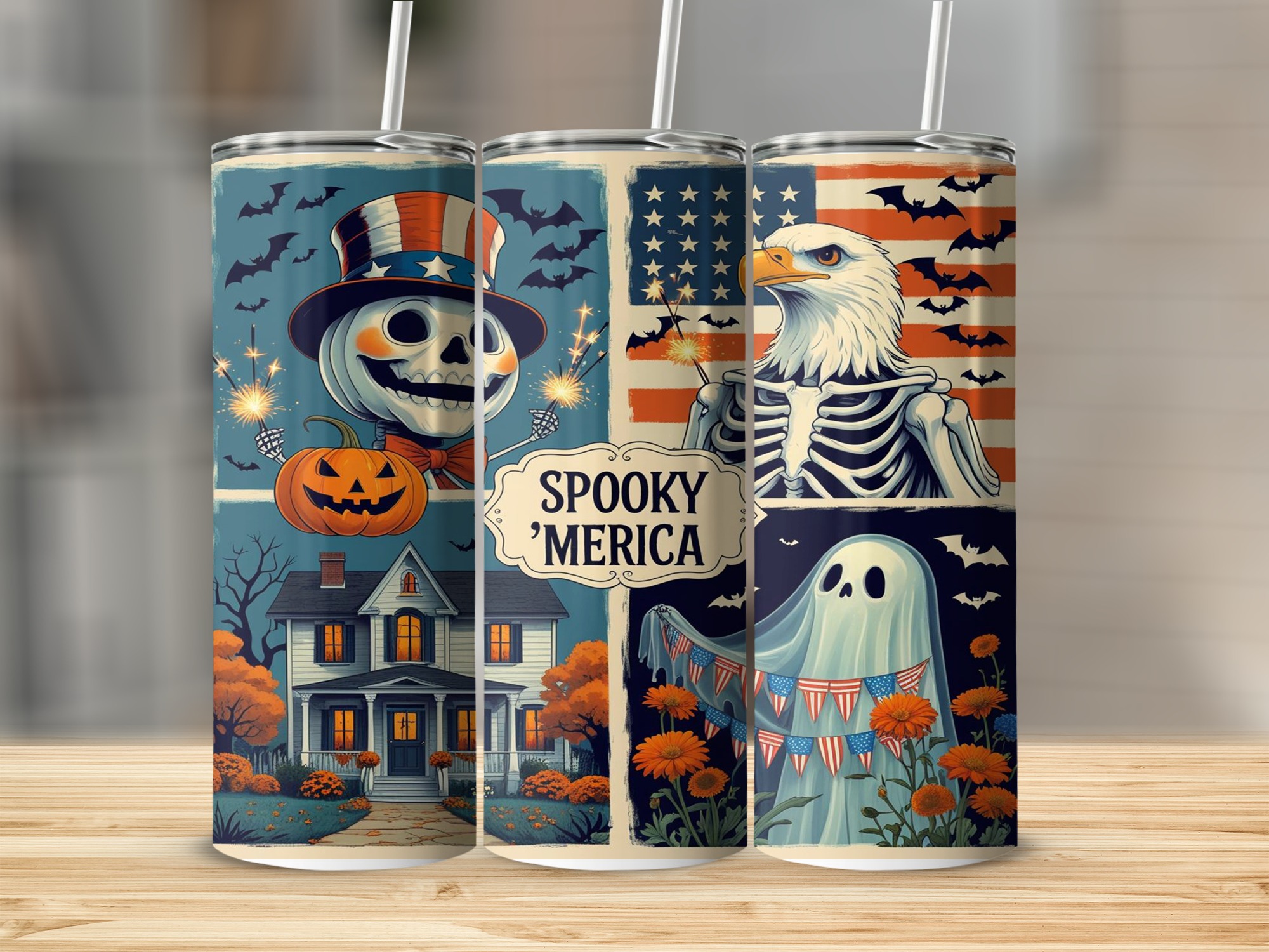 Spooky Merica Digital Download, Sublimation 20oz Tumbler Wrap, Patriotic Halloween Design, American Flag, Eagle Skeleton, Ghost Tumbler