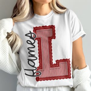 Flames T Shirt, Comfort Colors Tee, Embroidered Look, Red and White Stripes, Initial T-Shirt, Custom Name Shirt, Trendy Graphic Tee, Gift, prepster preppy