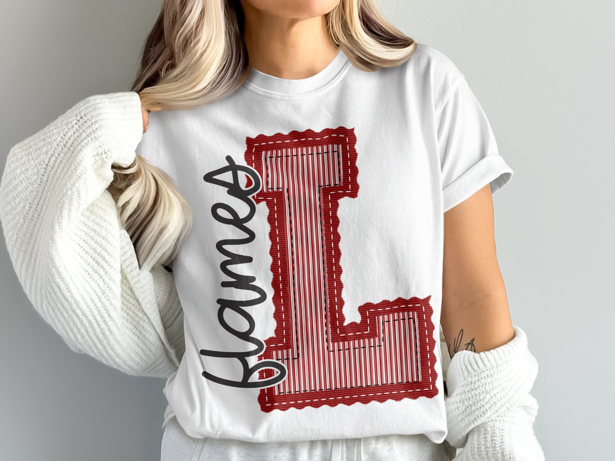 Flames T Shirt, Comfort Colors Tee, Embroidered Look, Red and White Stripes, Initial T-Shirt, Custom Name Shirt, Trendy Graphic Tee, Gift, prepster preppy