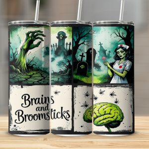 Halloween Digital Sublimation 20oz Tumbler Wrap Download, Zombie Nurse, Brains and Broomsticks, Spooky Season, Tombstone Design