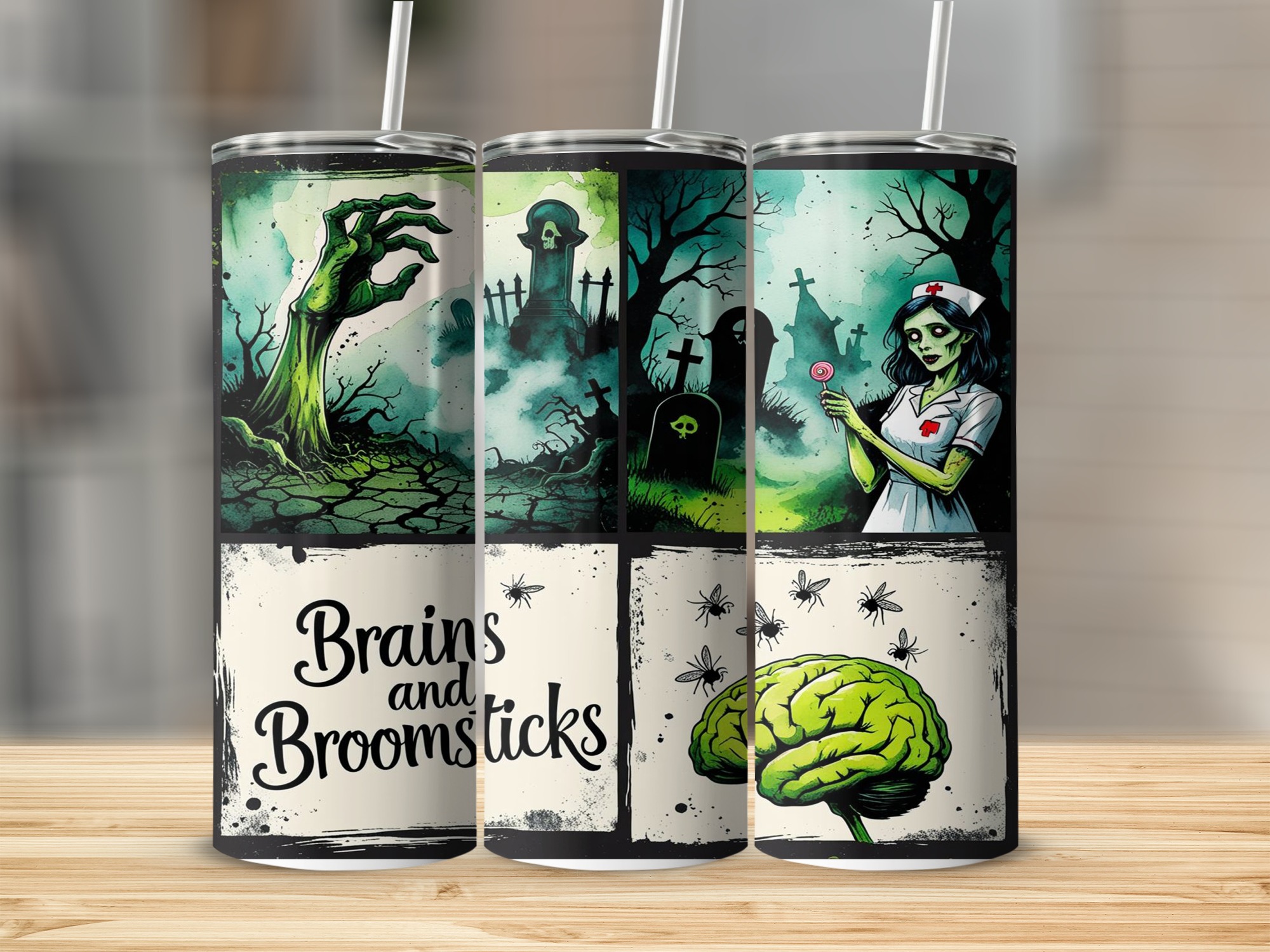 Halloween Digital Sublimation 20oz Tumbler Wrap Download, Zombie Nurse, Brains and Broomsticks, Spooky Season, Tombstone Design