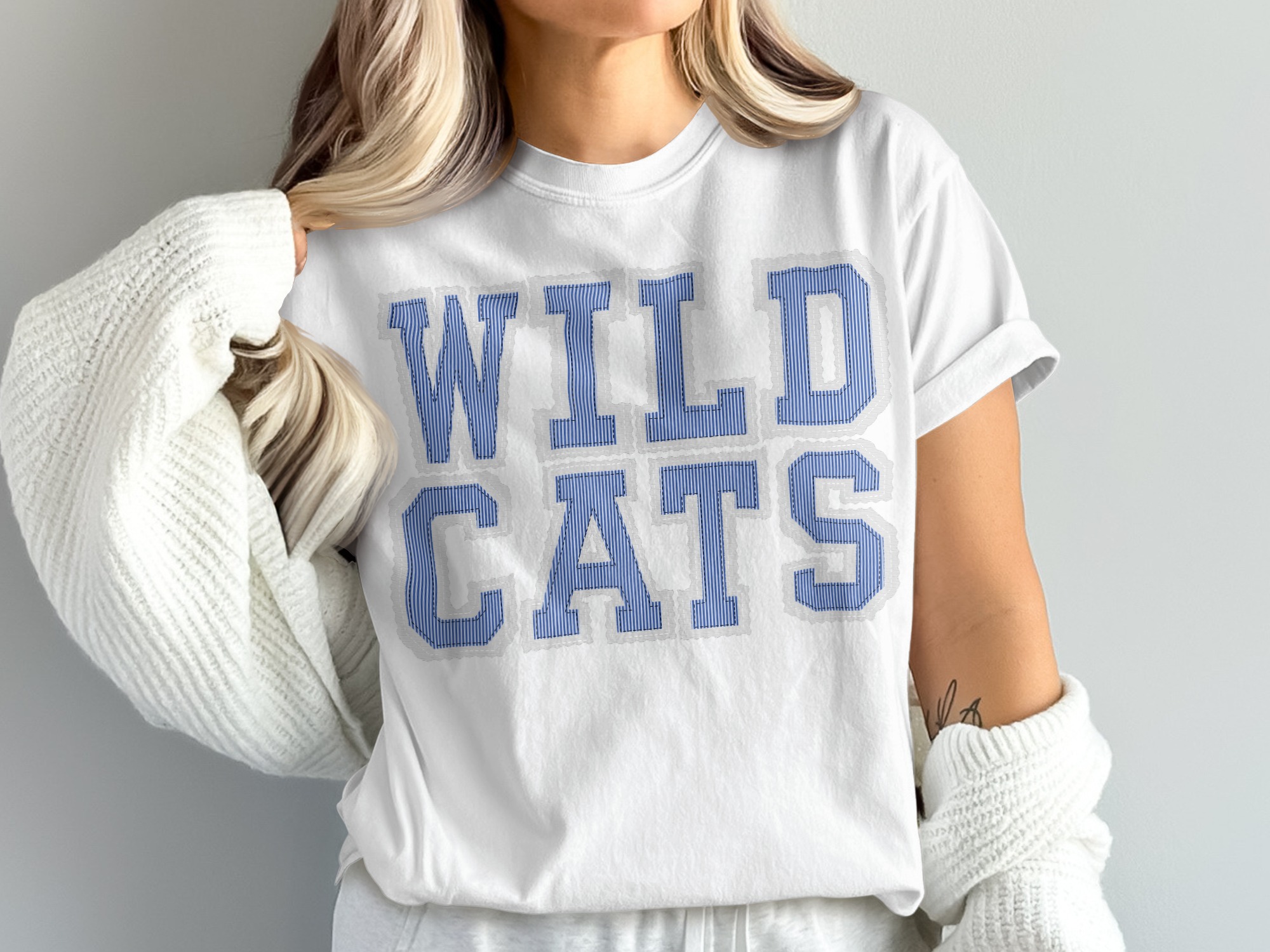 Wildcats T-Shirt, Striped Letters, Team Spirit Shirt, Game Day, College Apparel, Comfort Colors 1717, Fan Gear, prepster preppy