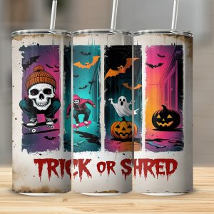 Trick Or Shred Tumbler Wrap, Skull Skateboard Digital Download, Ghost Pumpkin 20oz Skinny Sublimation Design, Halloween Tumbler PNG