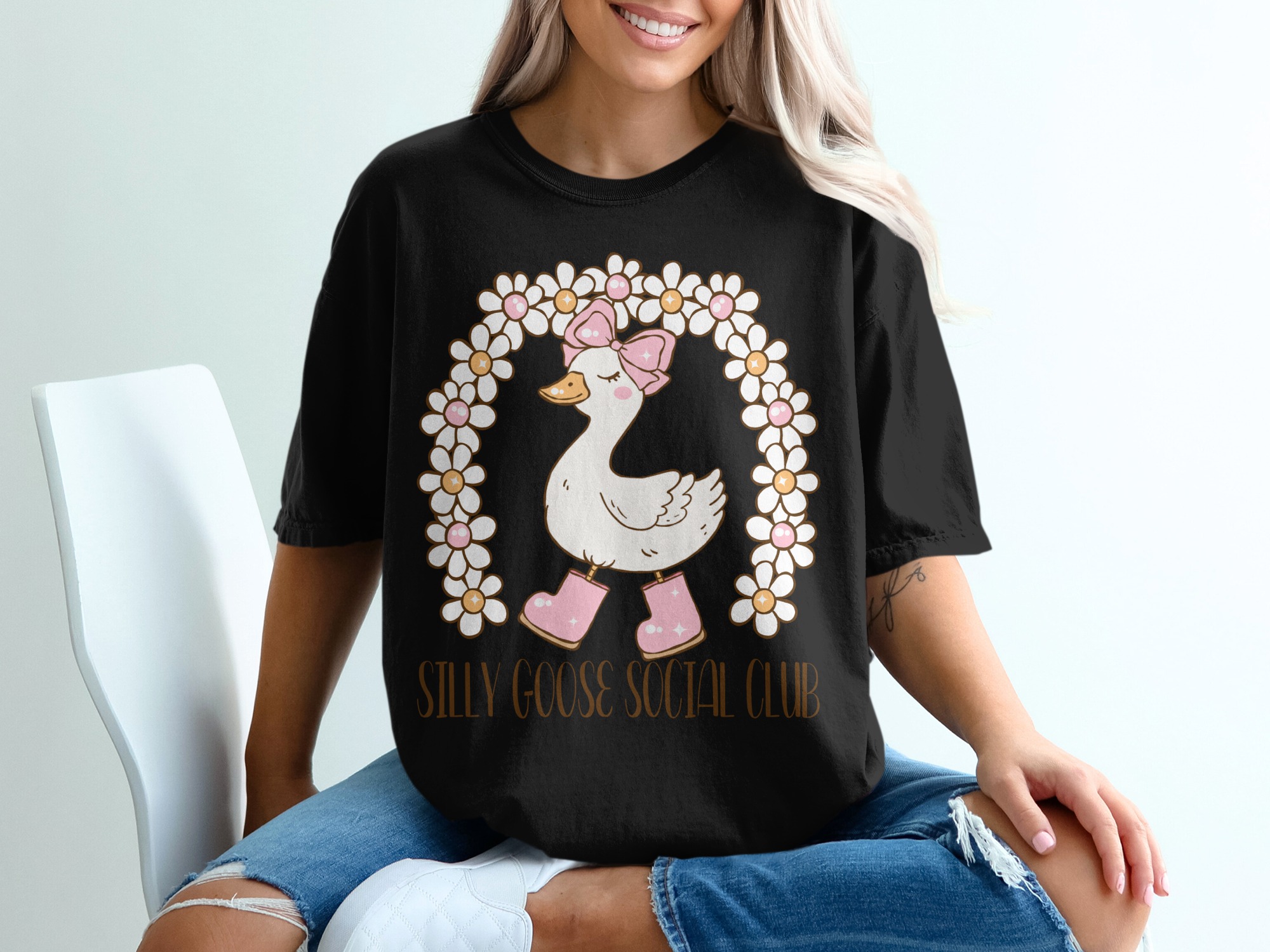 Silly Goose Social Club T-Shirt, Daisy Goose Tee, Goose with Bow T-Shirt, Fun Goose Tee, Quirky Goose Apparel, Animal T-Shirt, Cute Goose - Image 2