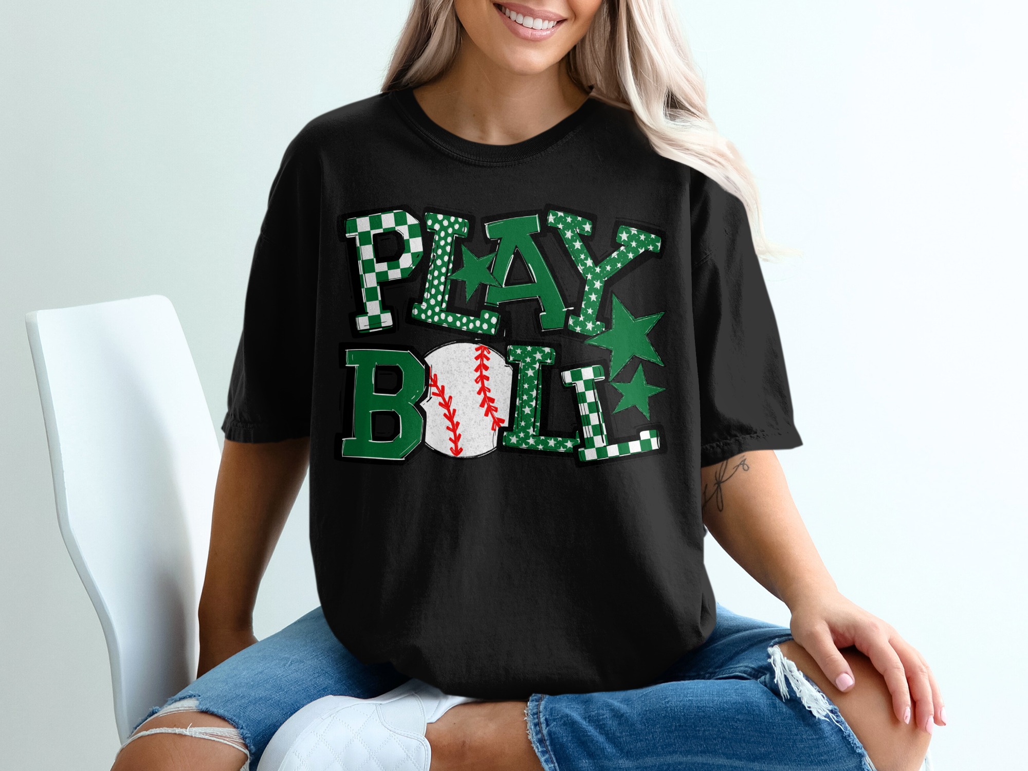 Play Ball T-Shirt, Baseball Lover Tee, Sports Fan Gift, Green Stars and Patterns, Baseball Graphic Tee, Game Day Shirt, Baseball Mom Shirt - Image 2