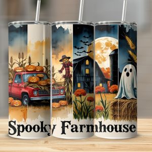 Spooky Farmhouse Digital, Sublimation 20oz Tumbler Wrap, Halloween Ghost Scarecrow Red Truck Design Download, Cute Autumn Fall Tumbler