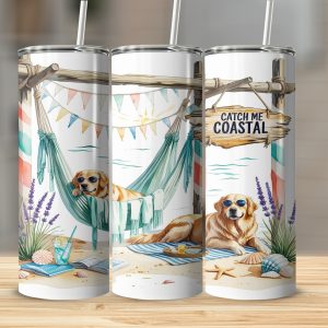 Coastal Golden Retriever 20oz Tumbler Wrap Digital,Beach Dog Sublimation Design Download,Summer Tumbler Design,Cute Pet 20oz Tumbler