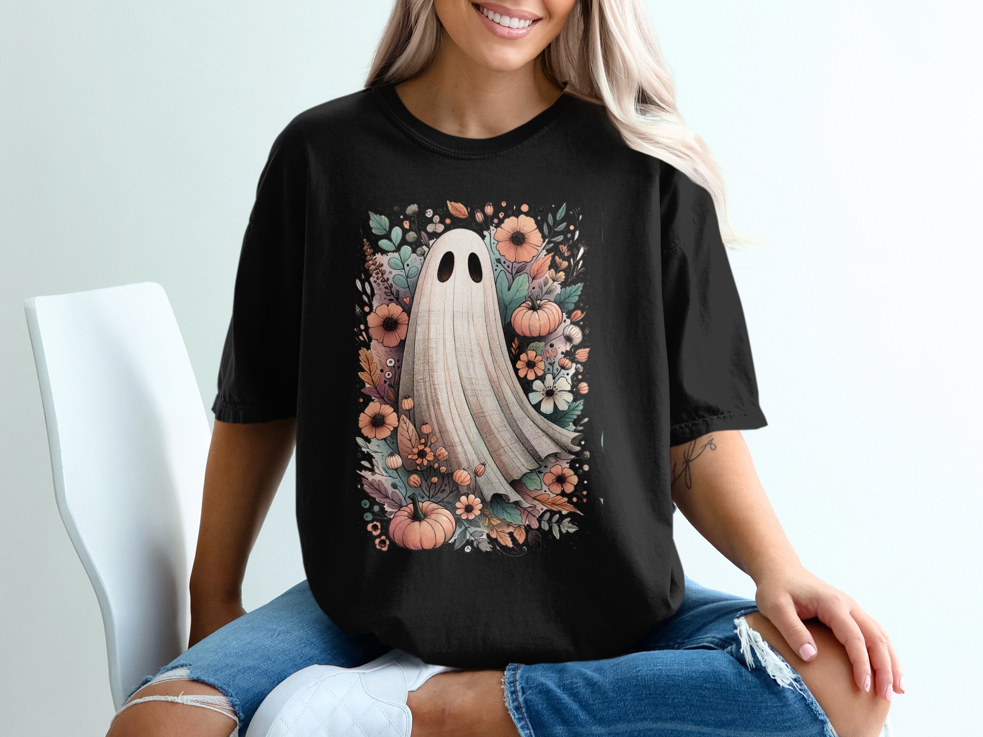 Floral Ghost T-Shirt, Spooky Season Apparel, Cute Halloween Tee, Autumn Vibes, Unique Ghost Design, Trendy Halloween Outfit - Image 2