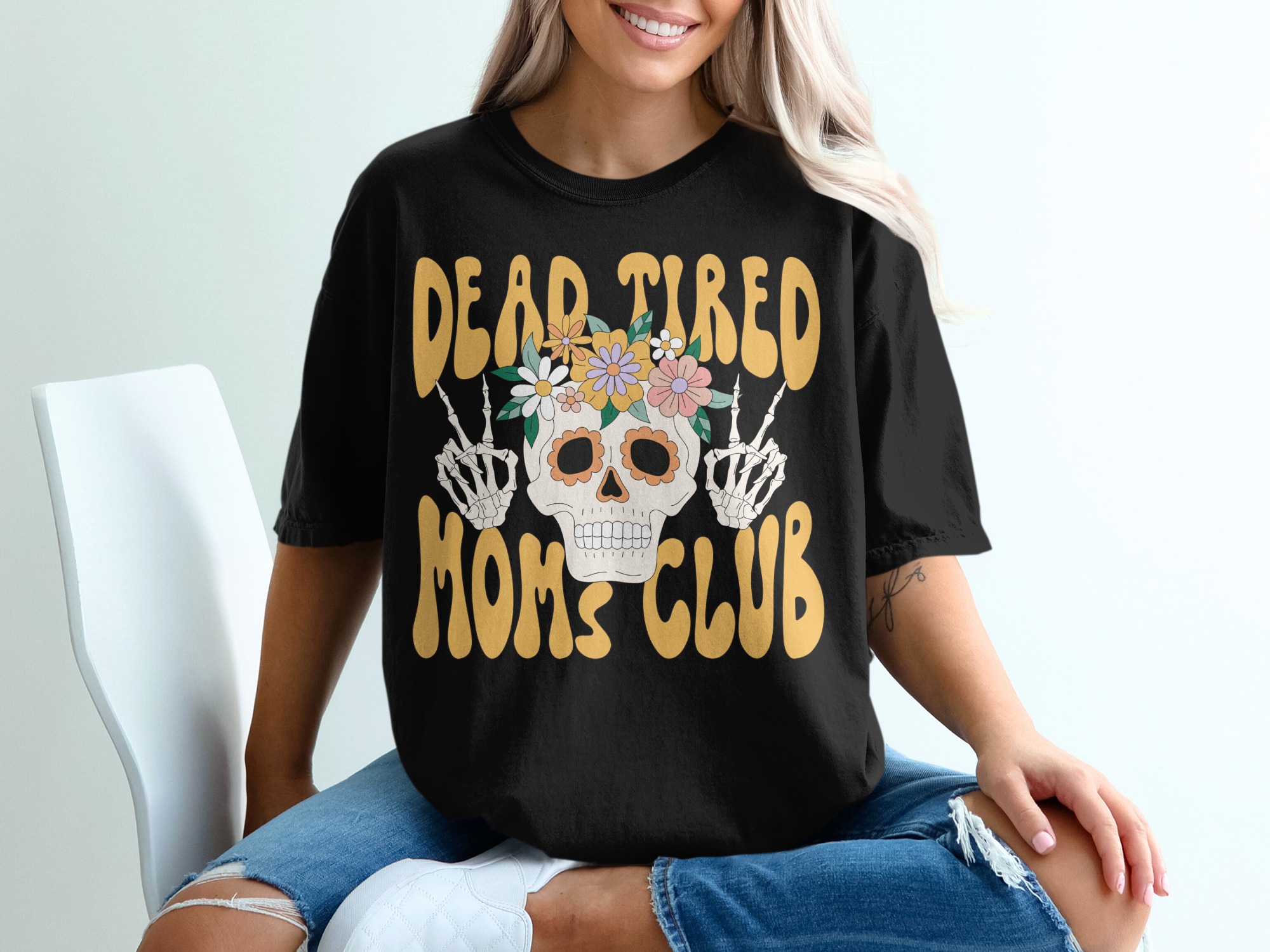 Dear Tired Moms Club T-Shirt, Floral Skull Tee, Motherhood Shirt, Funny Mom Gift, Skeleton Peace Sign, Retro Mama T Shirt, Mom Life Tee - Image 2